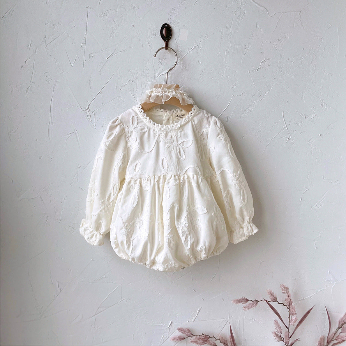 Baby Girl Solid Color Jacquard Embroidery Fashion Dress&Onesie-5