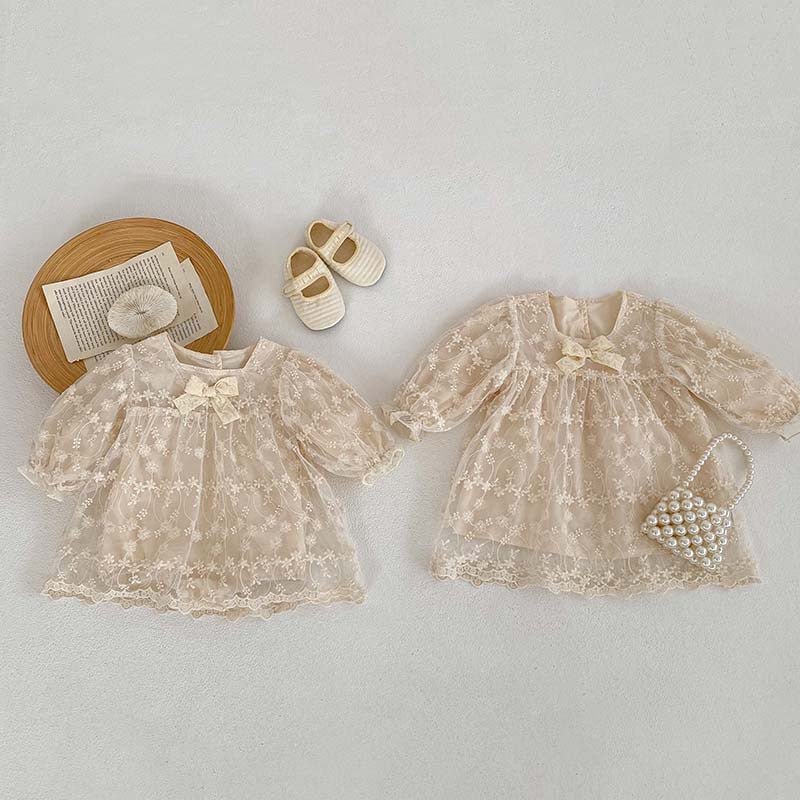 Baby Girl Mesh Patched Design Suqare Neck Onesies Dress & Dress-0