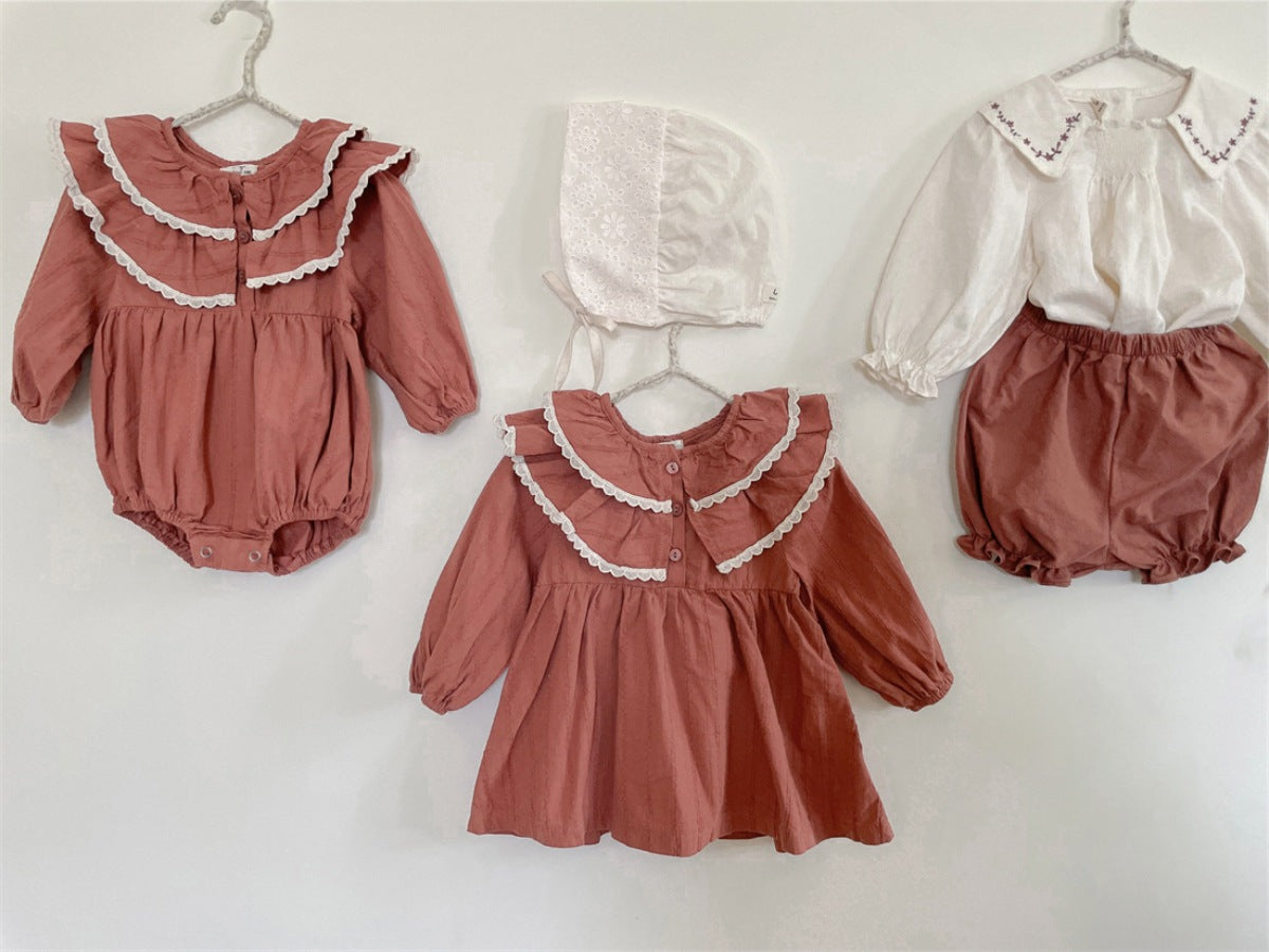 Infant Baby Girl Double Layer Laces Lapel Dress&Onesie-0