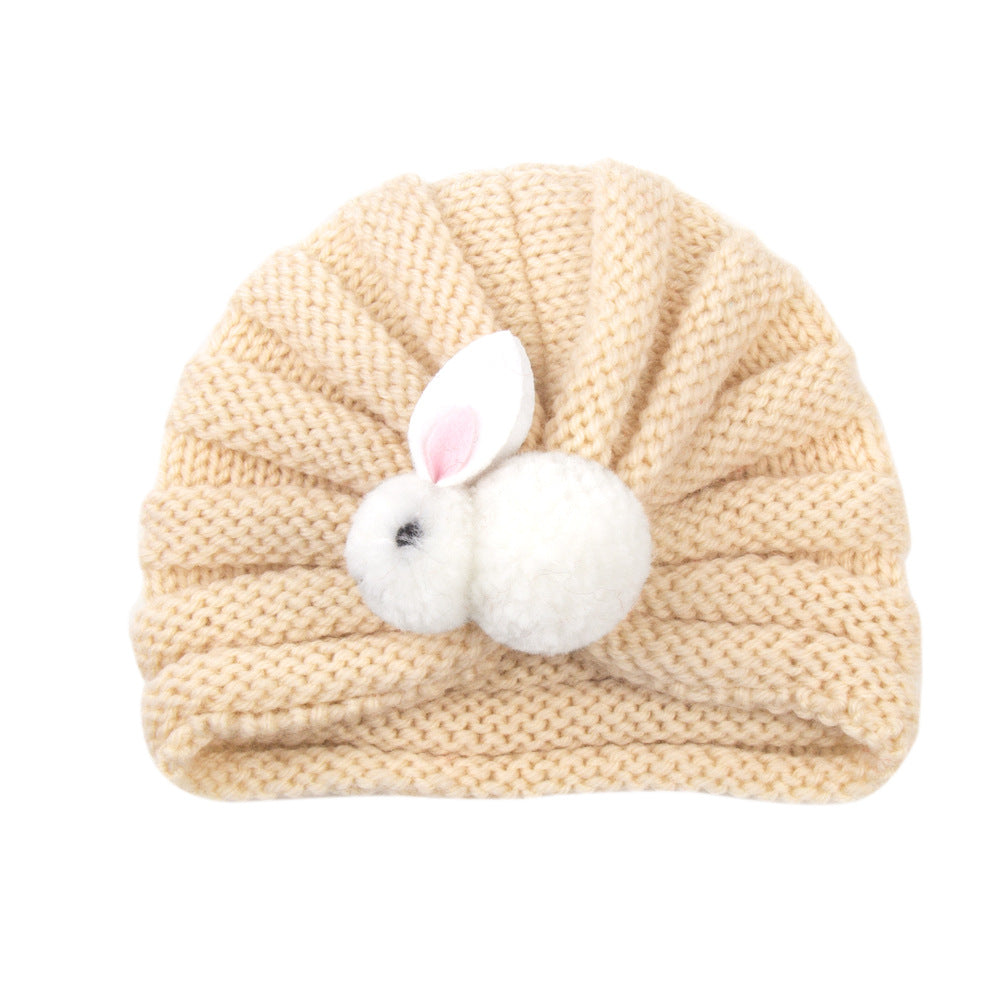 Newborn Baby Solid Color Rabbit Patched Design Wool Knitting Tire Caps-10