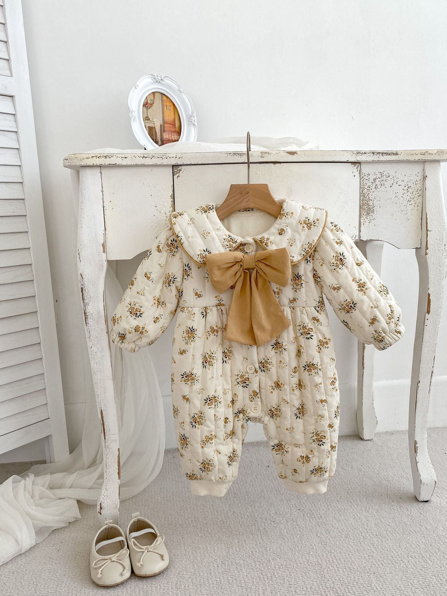 Baby Toddler Girl Fleece Floral Print Combo Big Bow-Knot Long Sleeve Jumpsuit-9