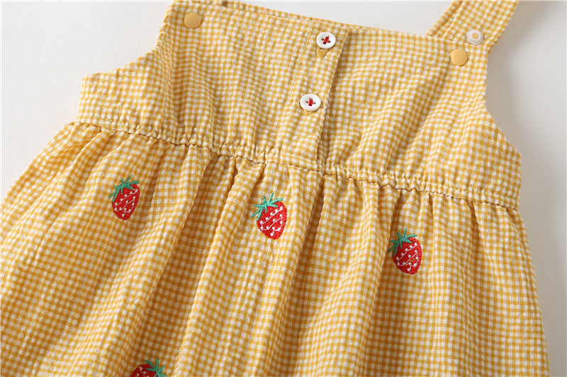 Baby Girl 1pcs Plaid Graphic Strawberries Embroidery Snap Button Jumpsuit & Solid Tee Sets-9