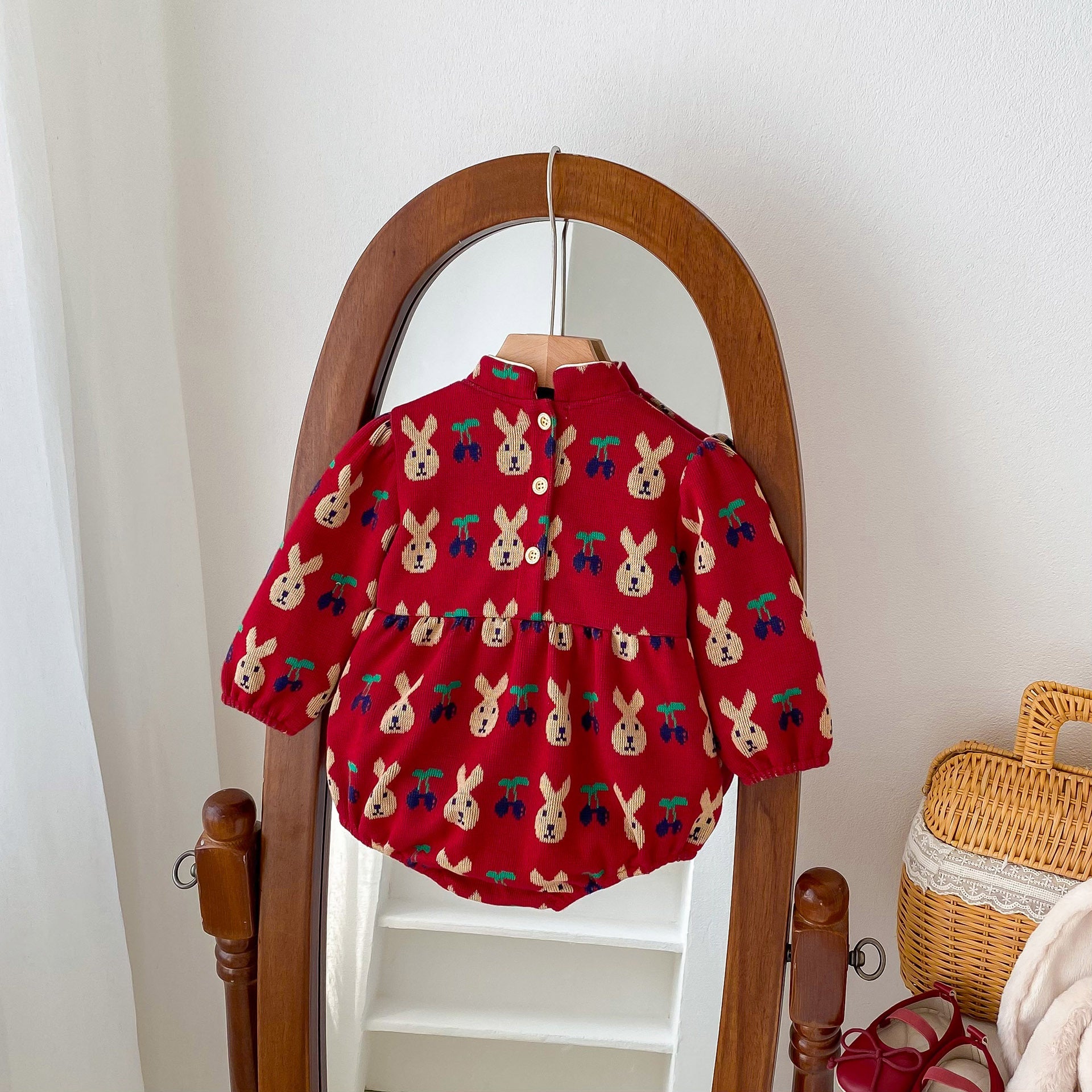 Infant Baby Girls Rabbit&Cherry Around Long Sleeve One Piece-9