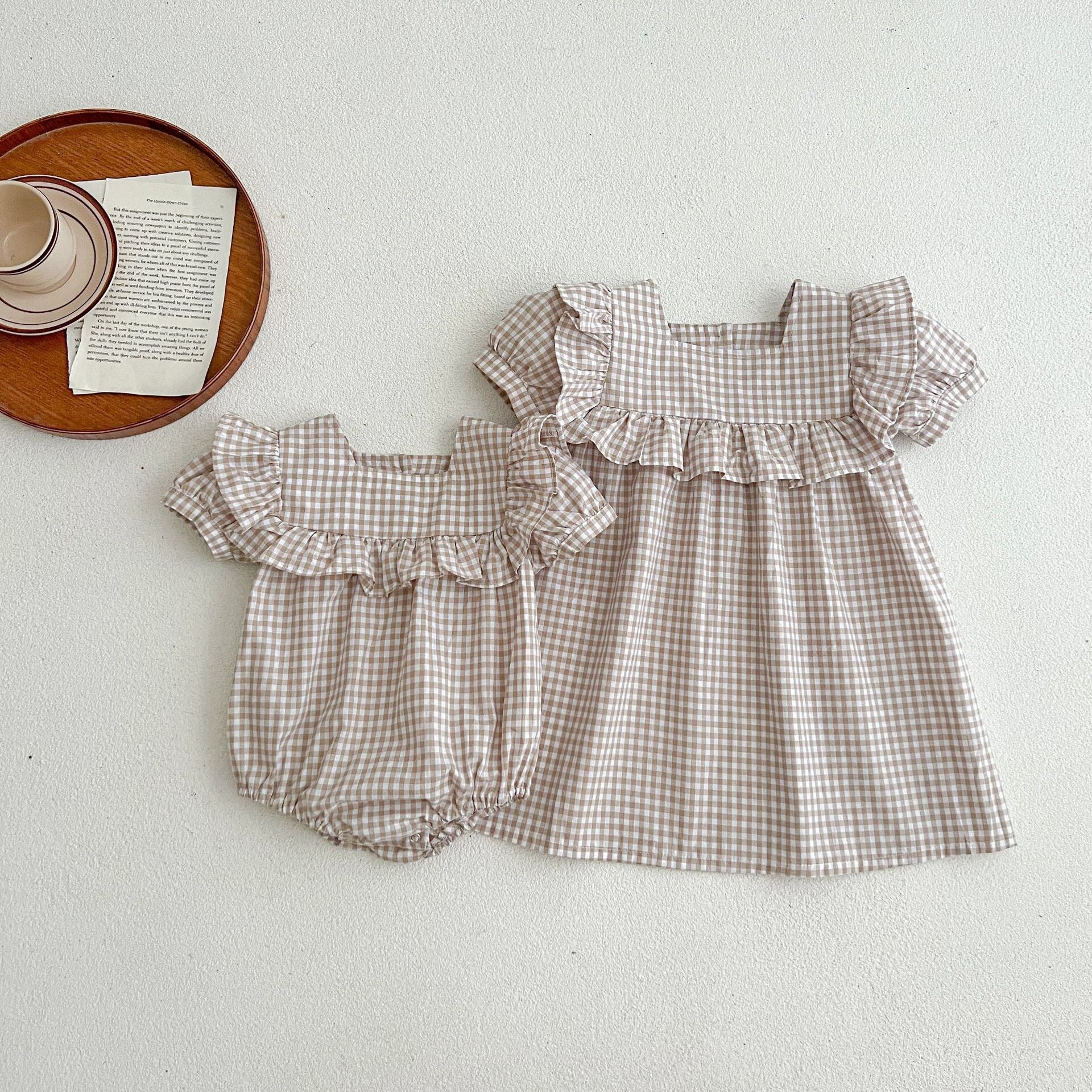 Baby Plaid Pattern Square Neck Puff Sleeves Onesies & Dress-0