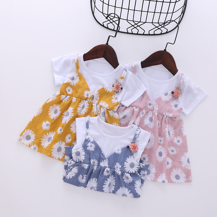Baby Girl Little Daisy Print Pattern False Two-Piece Patchwork Design Round Collar Short-Sleeved Dress-0