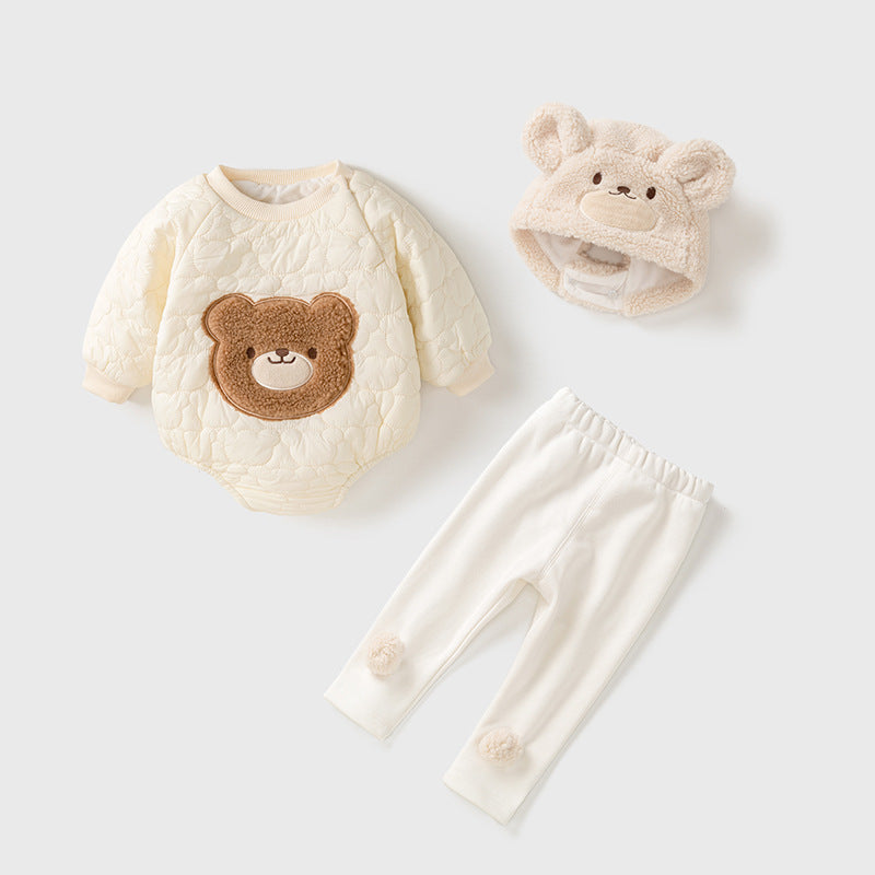 Baby Teddy Bear Cartoon Knitted Onesie With Hat&Fluffy Ball Pants Clothing Set-9