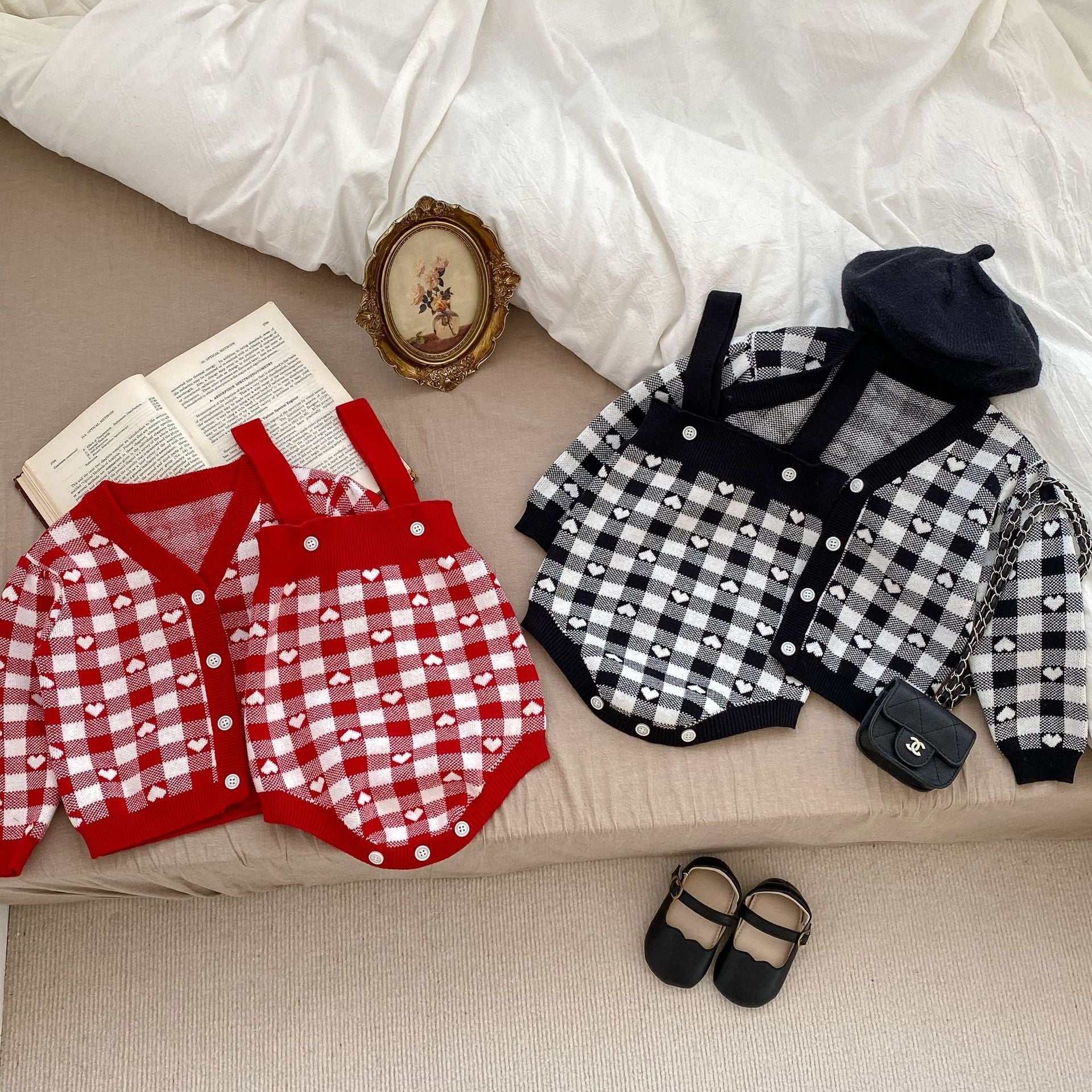 Autumn Heart Pattern Knitted Onesies & Cardigan Sets-9
