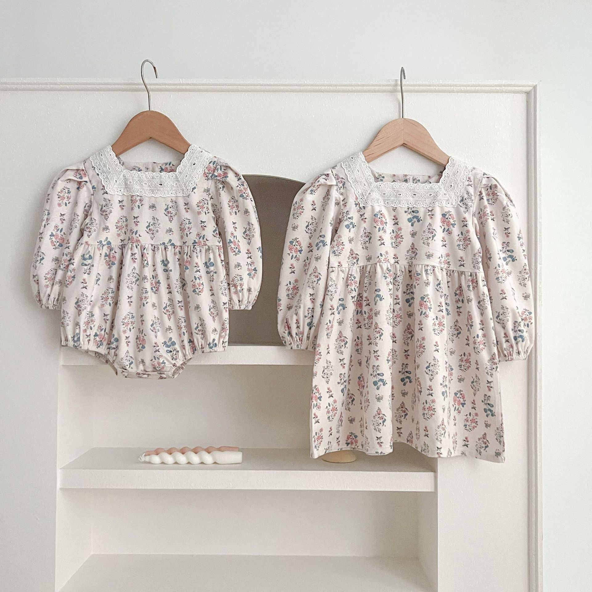 Floral Square Neck Lantern Long Sleeve Sweet Princess Onesies&Dress-0
