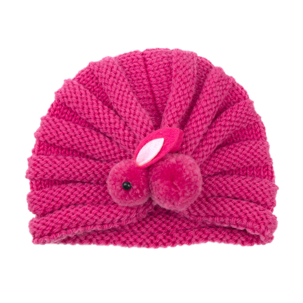 Newborn Baby Solid Color Rabbit Patched Design Wool Knitting Tire Caps-11