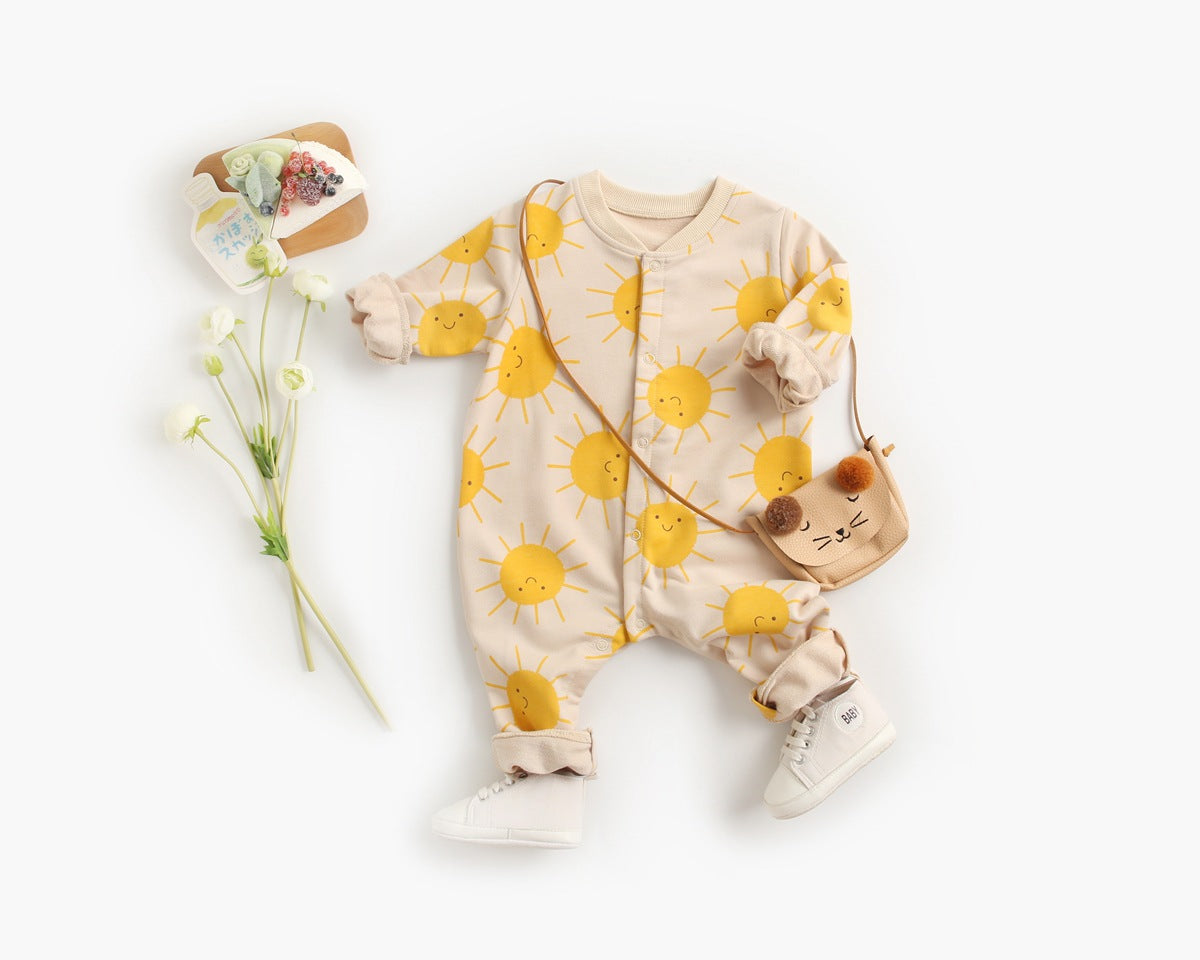 Baby Cartoon Sun Pattern Snap Button Long Sleeved Romper In Spring & Autumn-0