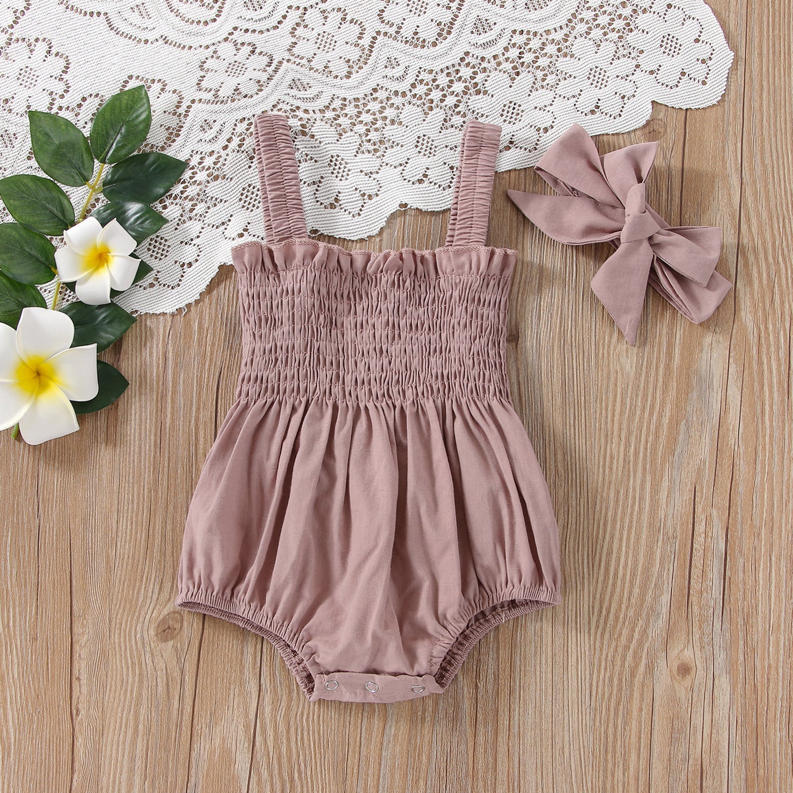 Baby Girls Solid Color Sleeveless Summer Shirred Bodysuit Onesies & Headband-11