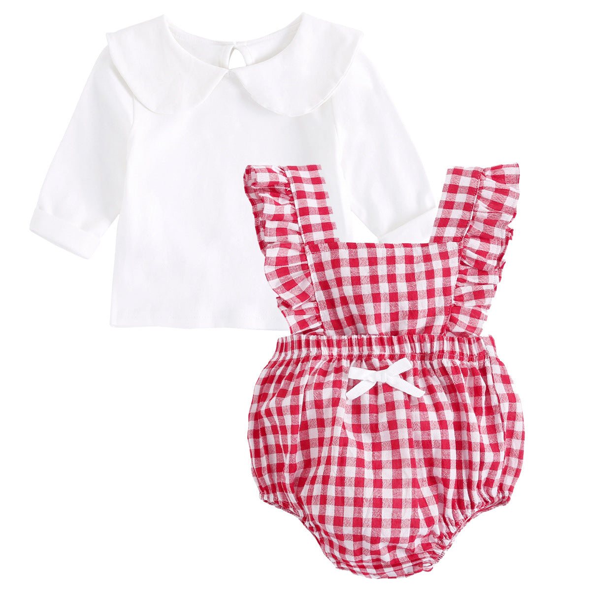 Baby Girl Doll Neck Solid Shirt & Red Plaid Graphic Bow Patched Bodysuit 1 Pieces Sets-11