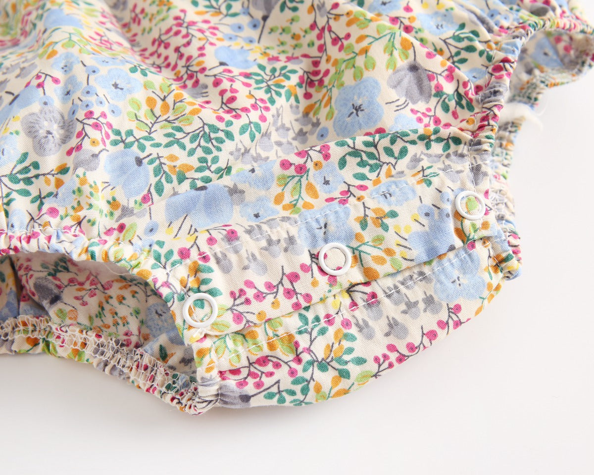 Baby Girls Floral Print V-Neck Buttoned Design Short-Sleeved Onesies-11