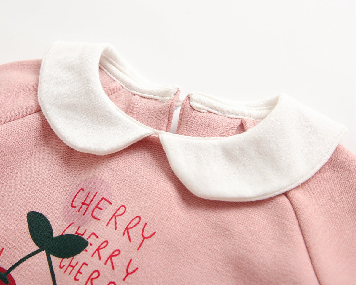 Baby Girl 1pcs Cherry & Slogan Pattern Doll Neck Longsleeve Onesies-12