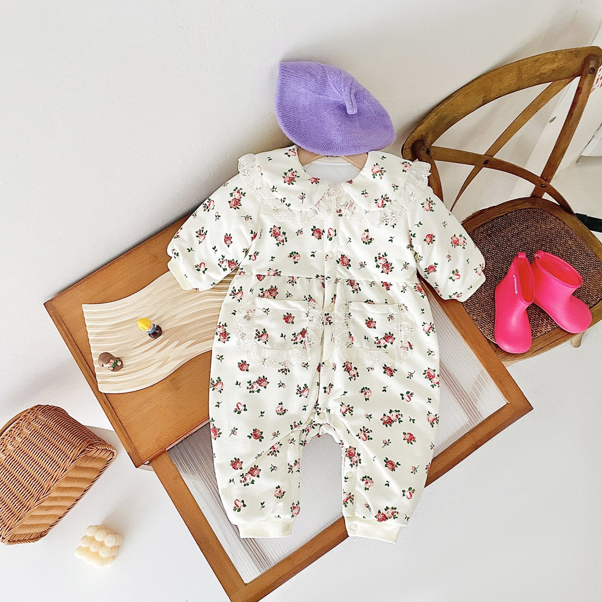 Baby Girl Floral Pattern Mesh Patched Design Doll Neck Jumpsuit-0