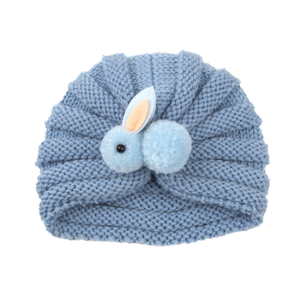 Newborn Baby Solid Color Rabbit Patched Design Wool Knitting Tire Caps-12