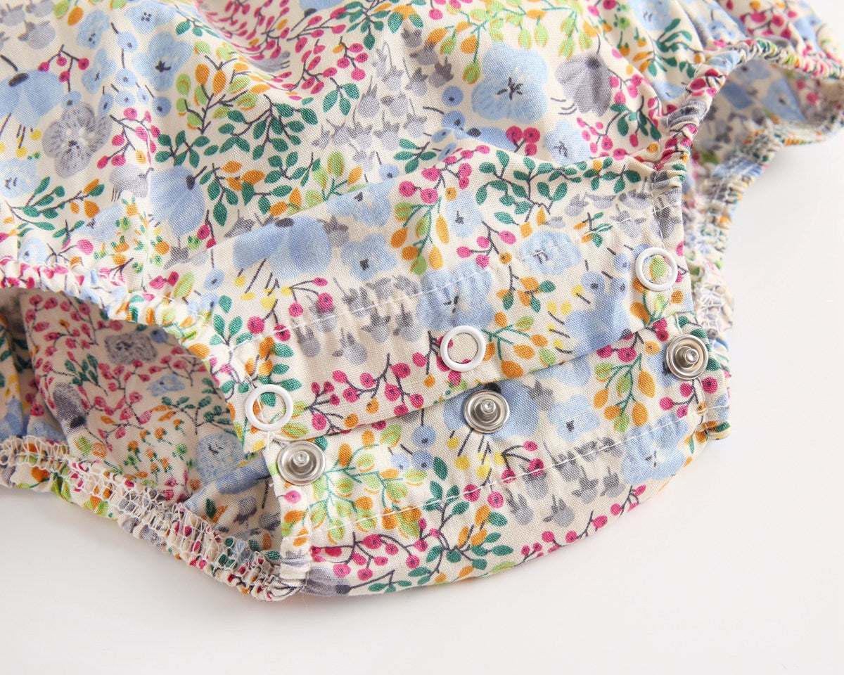 Baby Girls Floral Print V-Neck Buttoned Design Short-Sleeved Onesies-12