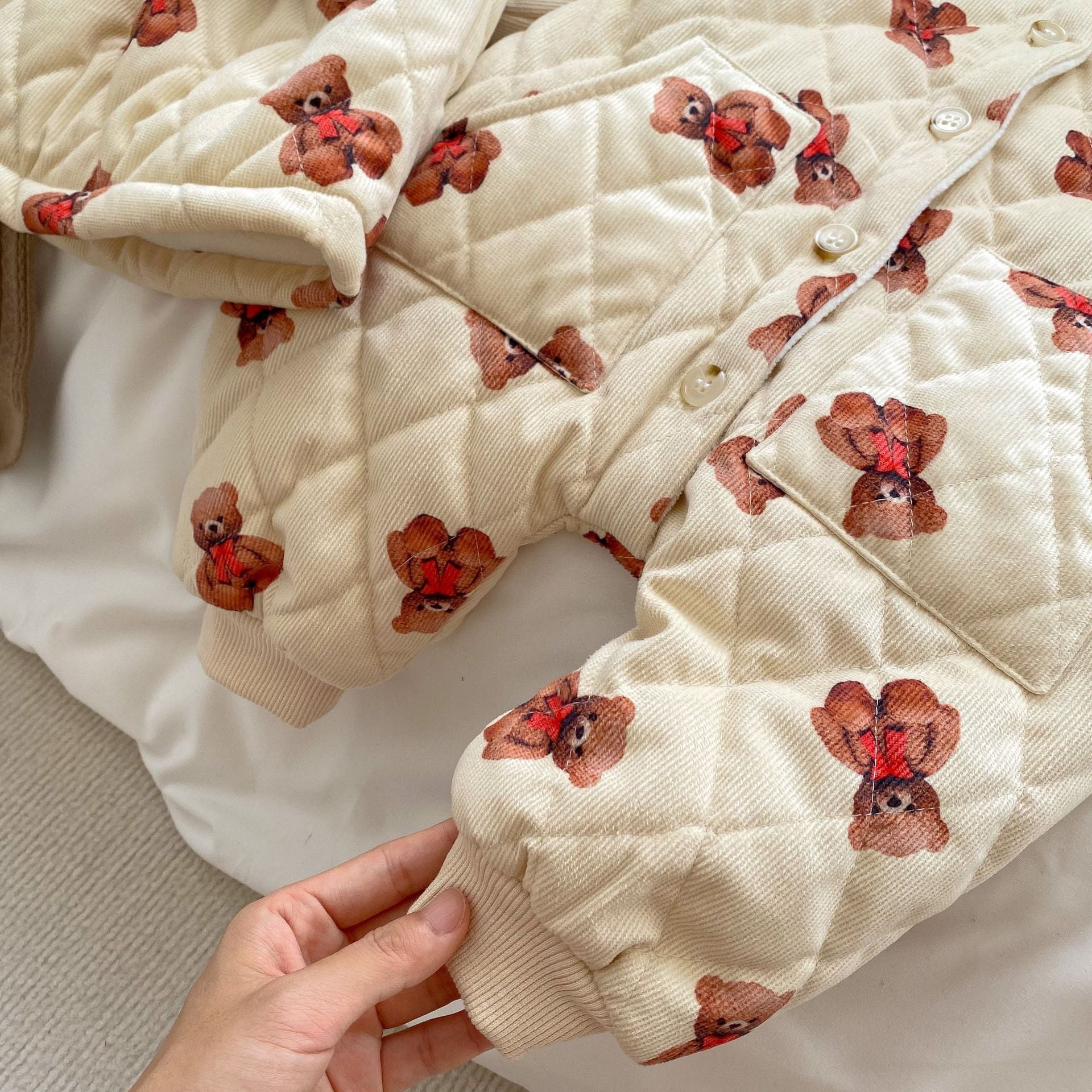 Baby Cartoon Bear Graphic Cute Style Quilted Warm Long Sleeve Dress & Jumpsuit-12