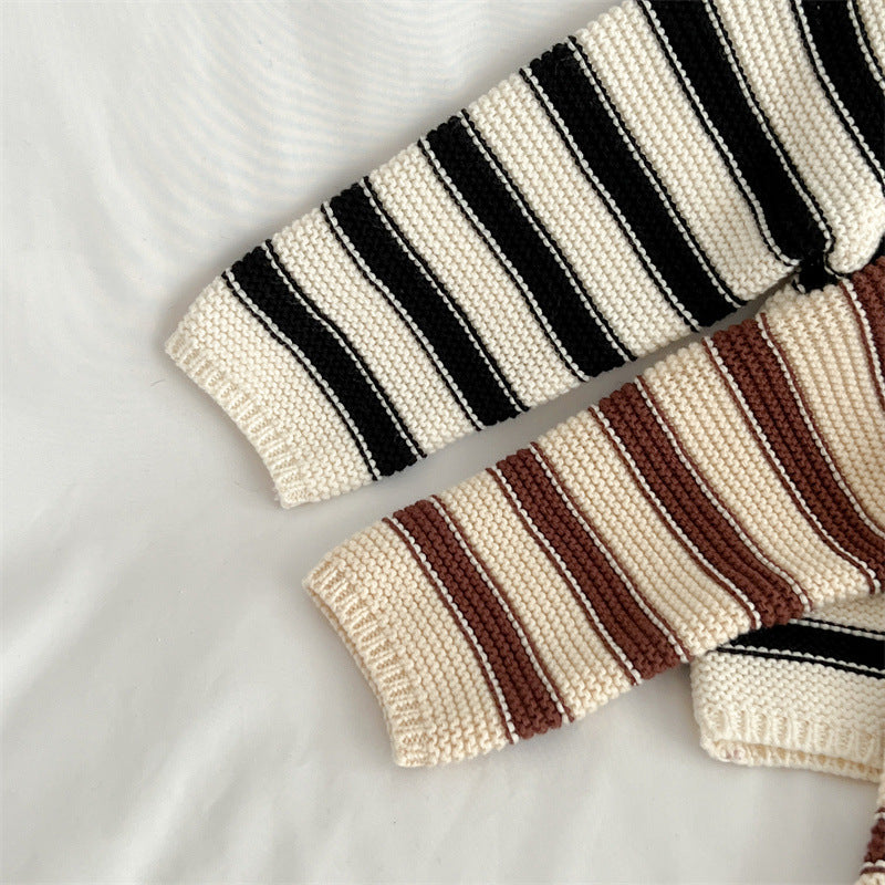 Baby Striped Pattern Lapel Knitted Cardigan With Pants Sets-12