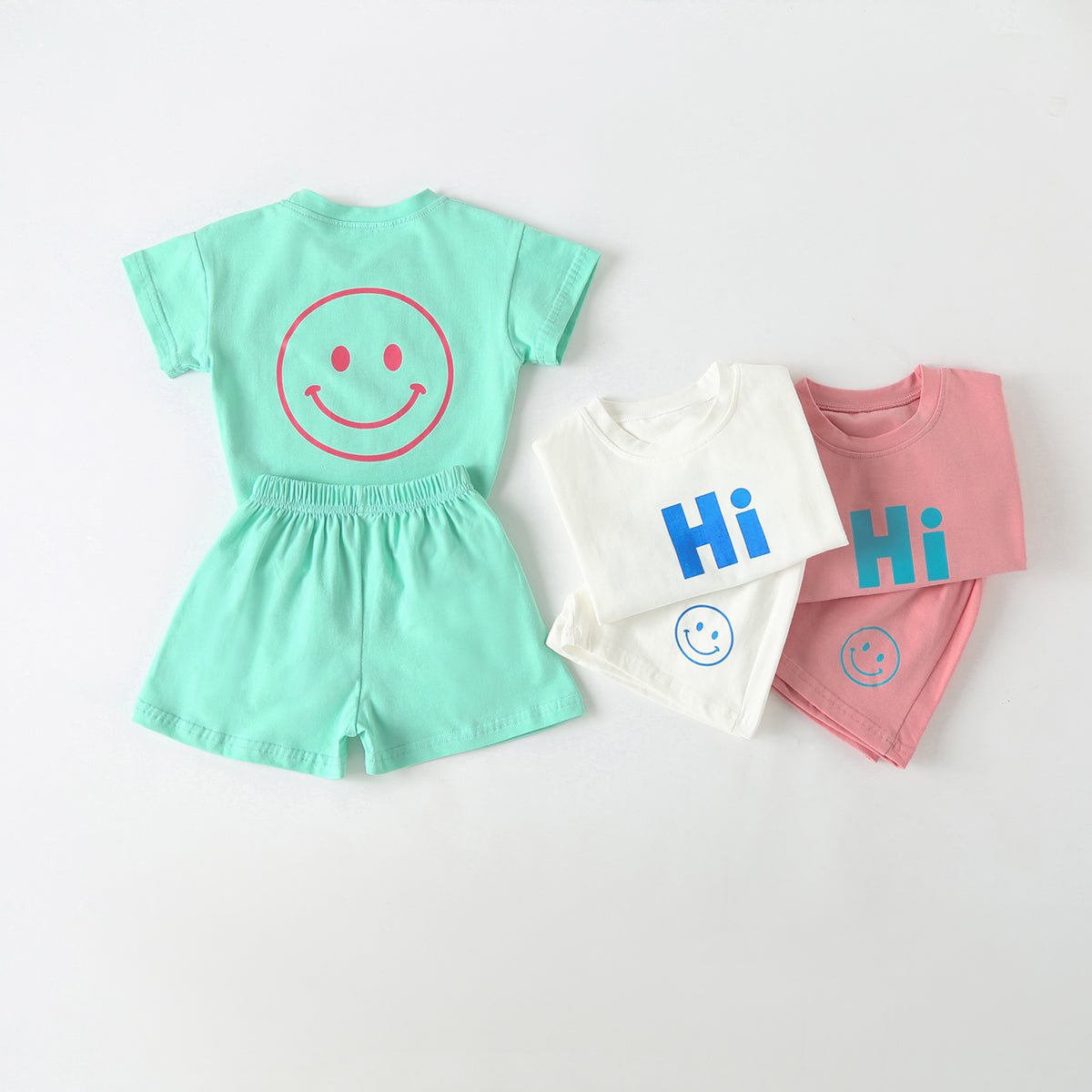 Baby Smiley & Slogan Print Tops Combo Shorts Korean Style Sets-0