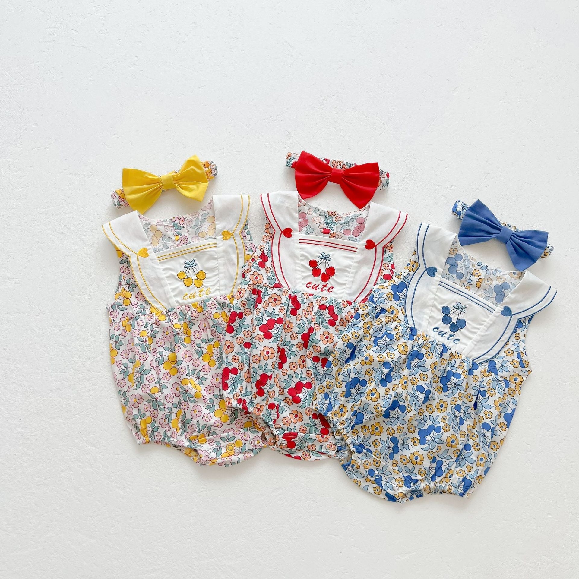 Baby Girl Floral Print Pattern With Headband Sleeveless Onesie-12