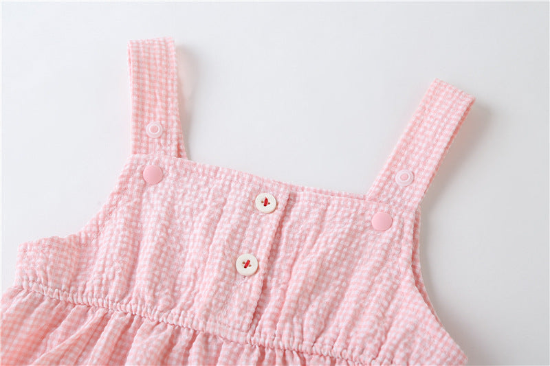 Baby Girl 1pcs Plaid Graphic Strawberries Embroidery Snap Button Jumpsuit & Solid Tee Sets-12