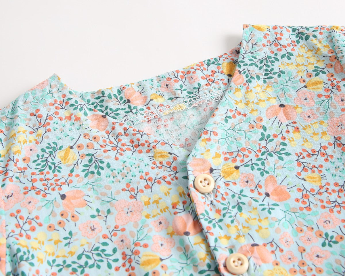 Baby Girls Floral Print V-Neck Buttoned Design Short-Sleeved Onesies-13