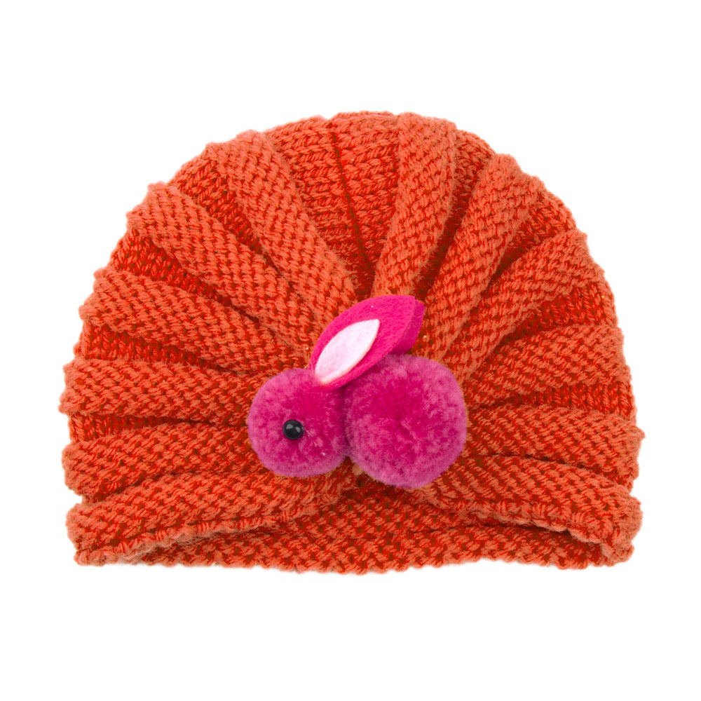 Newborn Baby Solid Color Rabbit Patched Design Wool Knitting Tire Caps-14