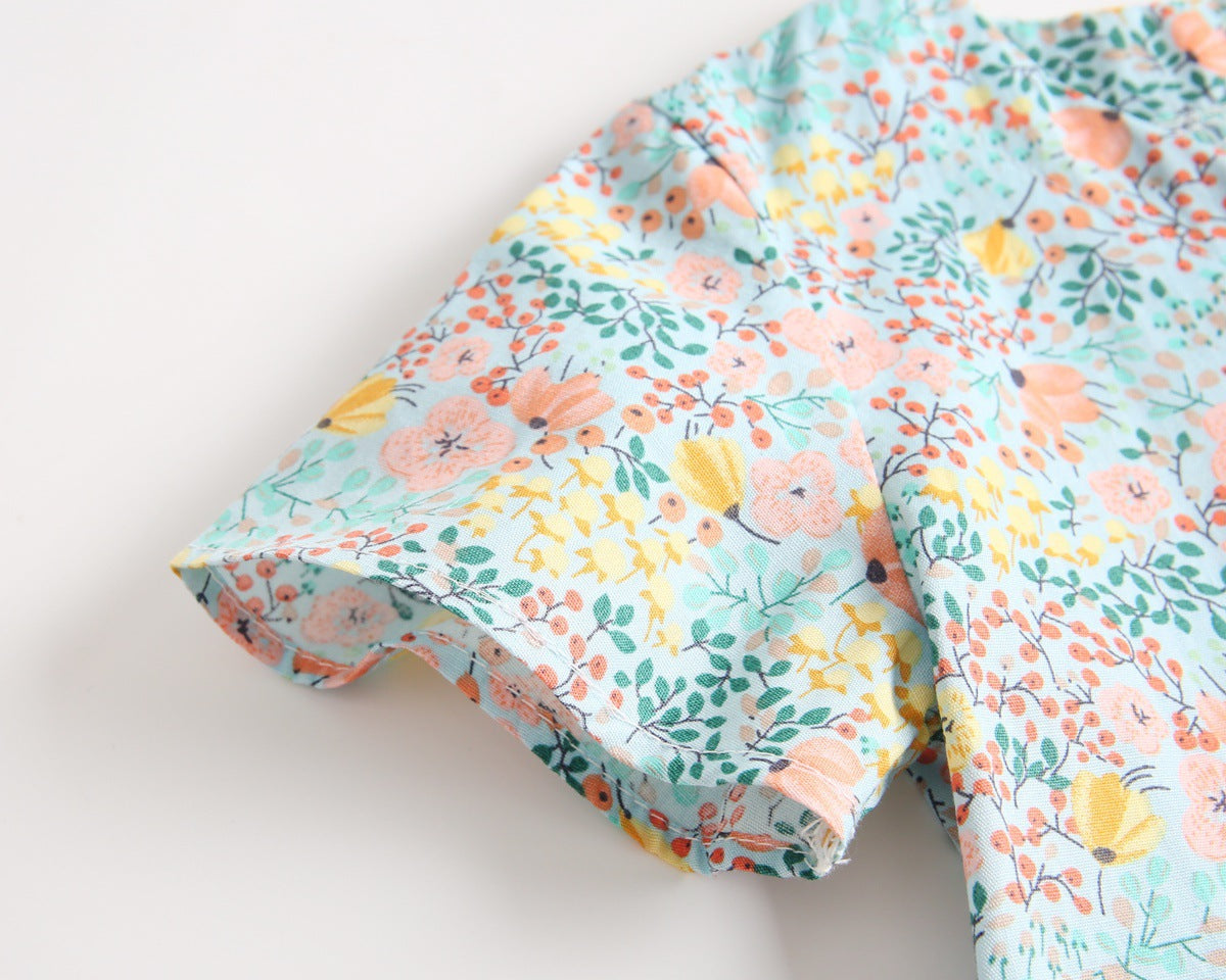 Baby Girls Floral Print V-Neck Buttoned Design Short-Sleeved Onesies-15