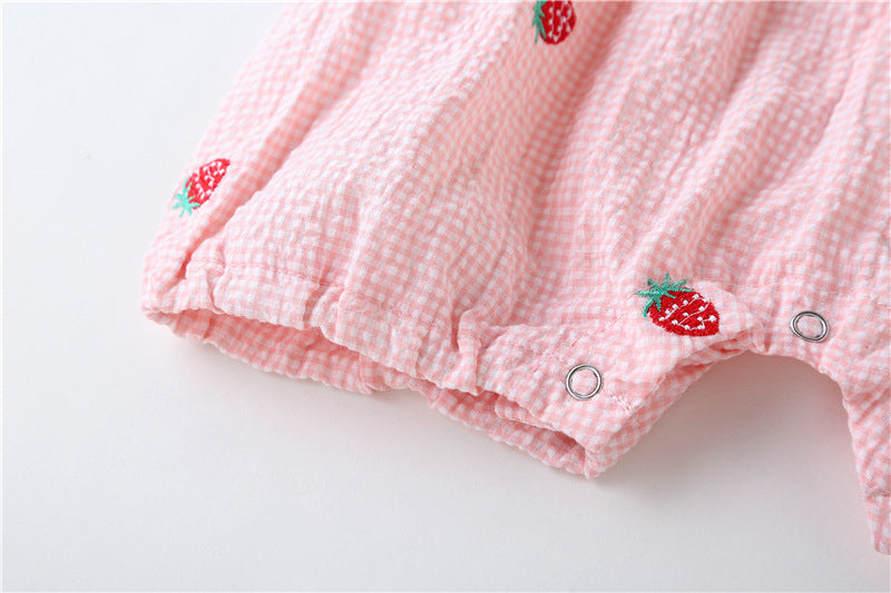Baby Girl 1pcs Plaid Graphic Strawberries Embroidery Snap Button Jumpsuit & Solid Tee Sets-14