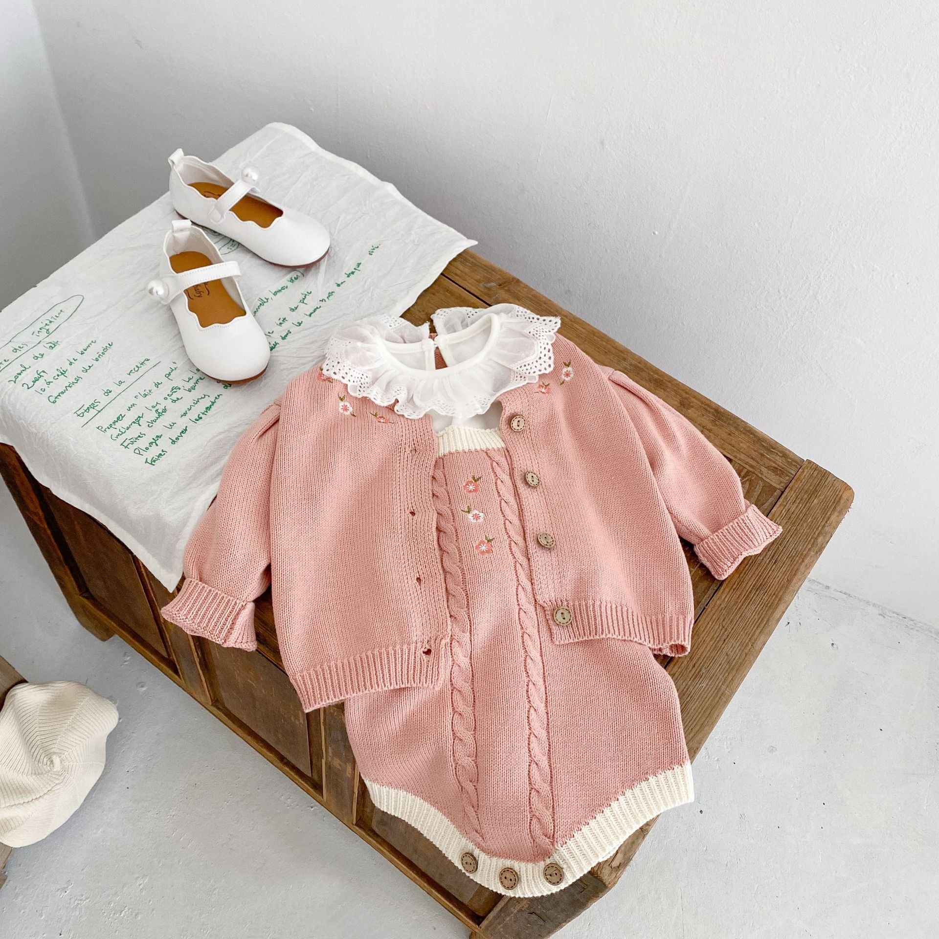 Baby Girl 1pcs Crochet Knitting Graphic Contrast Onesies & Floral Embroidered Cardigan Sets-14
