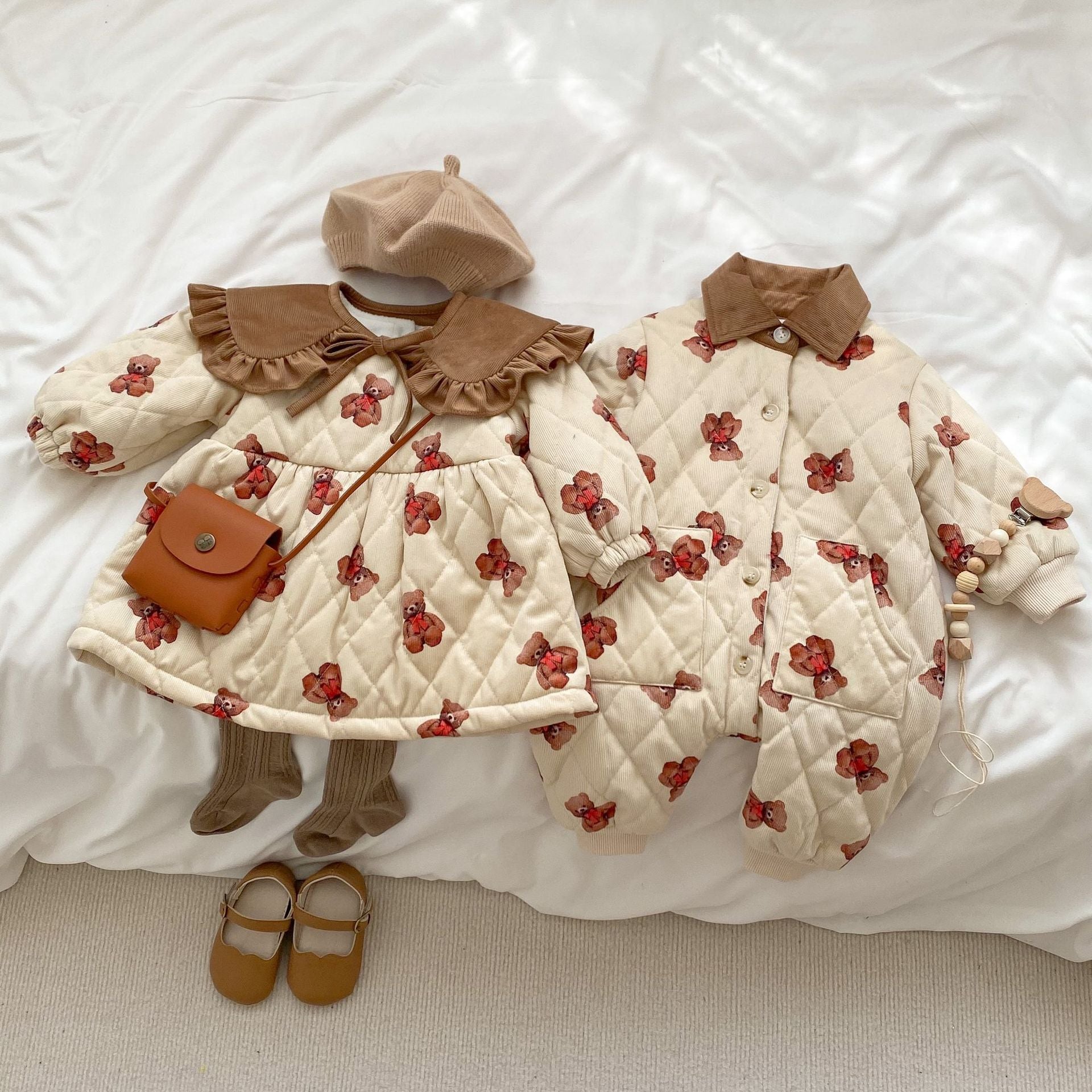Baby Cartoon Bear Graphic Cute Style Quilted Warm Long Sleeve Dress & Jumpsuit-0
