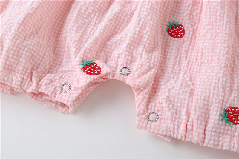 Baby Girl 1pcs Plaid Graphic Strawberries Embroidery Snap Button Jumpsuit & Solid Tee Sets-15
