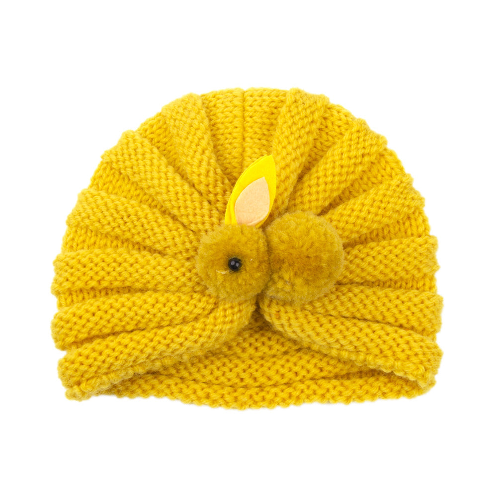 Newborn Baby Solid Color Rabbit Patched Design Wool Knitting Tire Caps-17