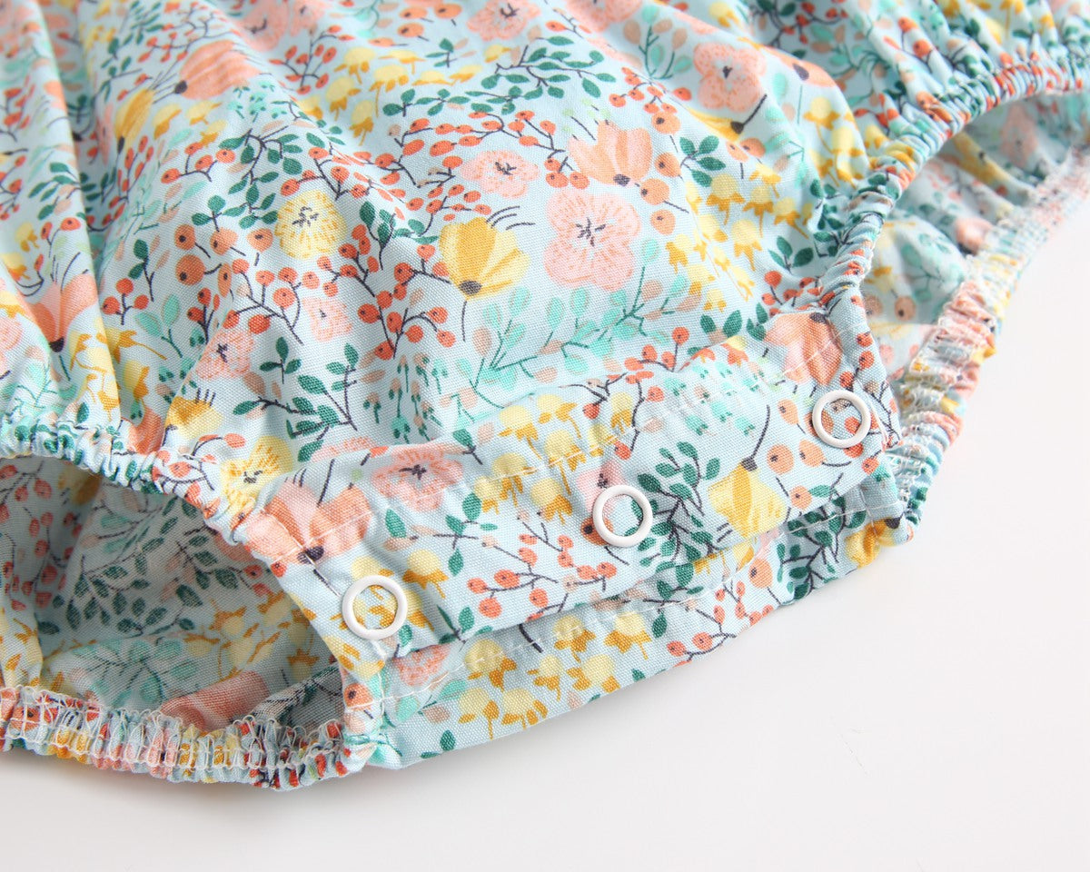 Baby Girls Floral Print V-Neck Buttoned Design Short-Sleeved Onesies-17