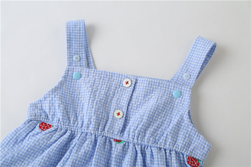 Baby Girl 1pcs Plaid Graphic Strawberries Embroidery Snap Button Jumpsuit & Solid Tee Sets-17