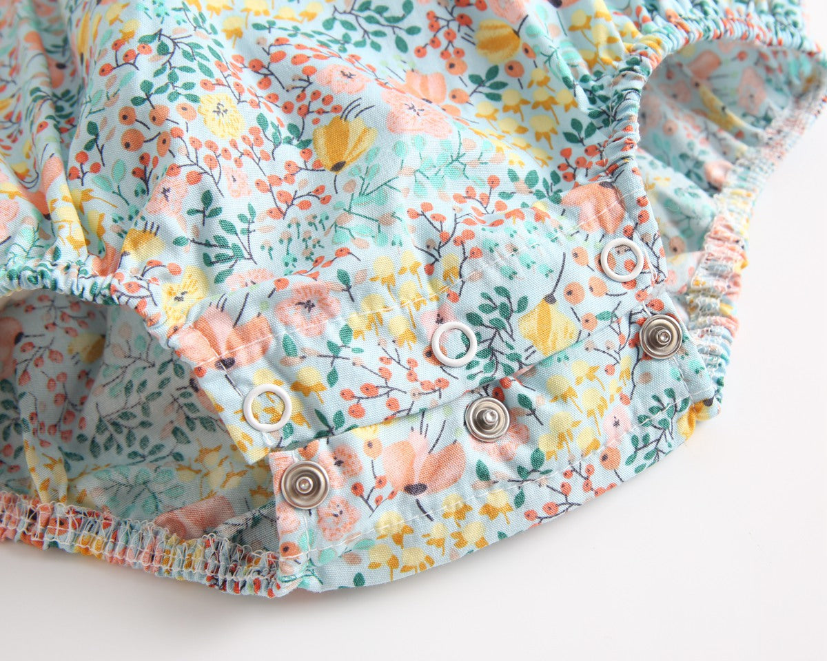 Baby Girls Floral Print V-Neck Buttoned Design Short-Sleeved Onesies-18