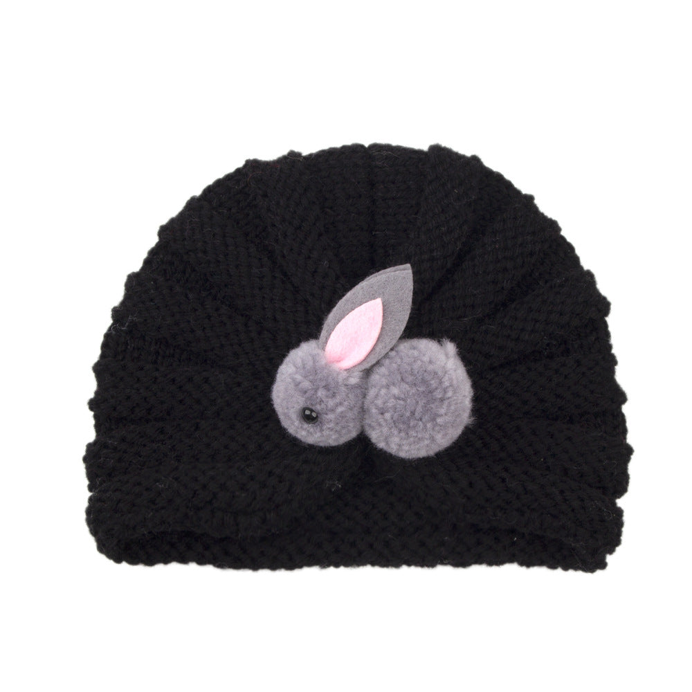 Newborn Baby Solid Color Rabbit Patched Design Wool Knitting Tire Caps-18