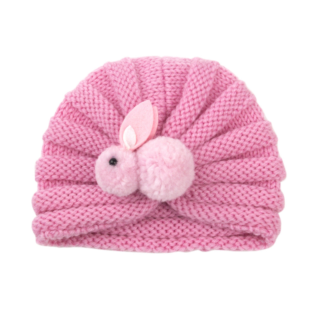 Newborn Baby Solid Color Rabbit Patched Design Wool Knitting Tire Caps-19