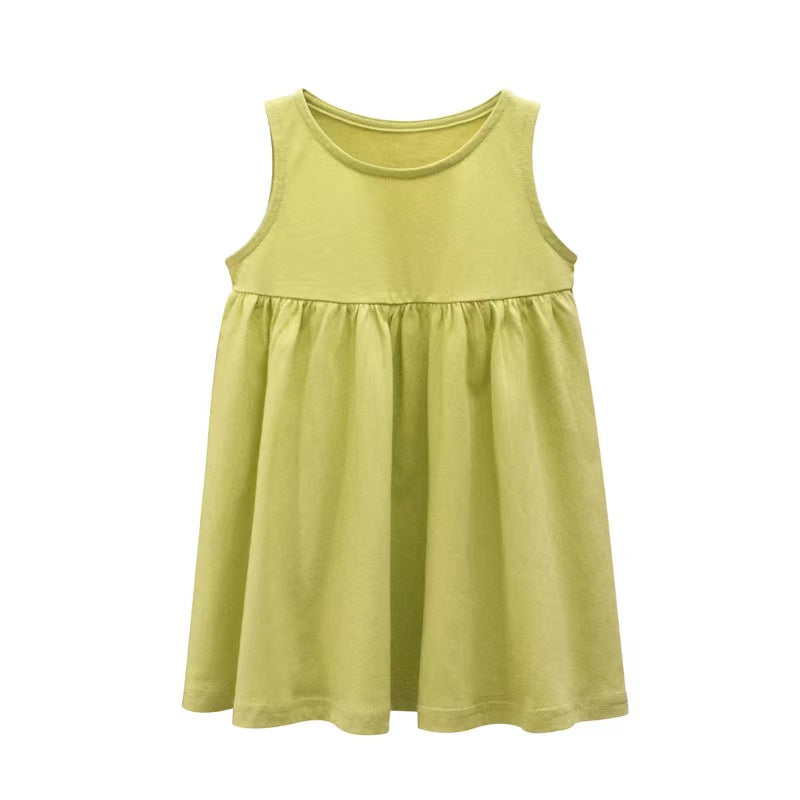 Baby Girls Solid Round Collar Design Sleeveless Dress In Summer-1