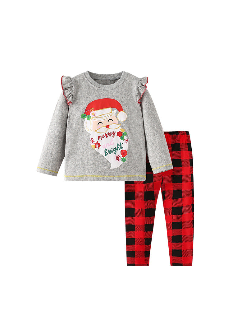 Girls Christmas Cartoon Collection Printing Design Top And Plaid Pants Set-0