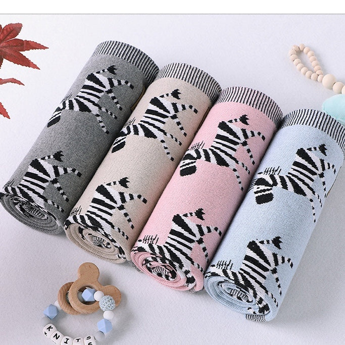 Kids Cartoon Animal Embroidery & Striped Pattern Pure Cotton Blanket-1