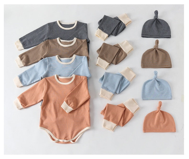 Baby Striped Graphic Bodysuit Onesies Combo Pants & Hat 3 Pieces Sets Tracksuit-1