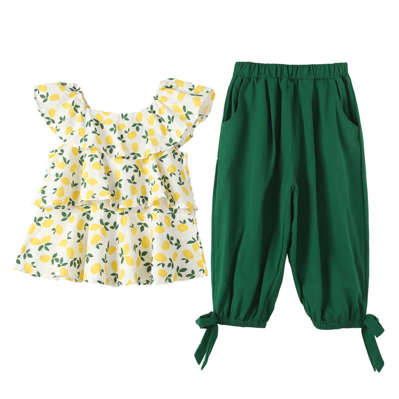 Baby Girl Floral Print Lace Design Tops Combo 1-Pieces Solid Pants Sets-0