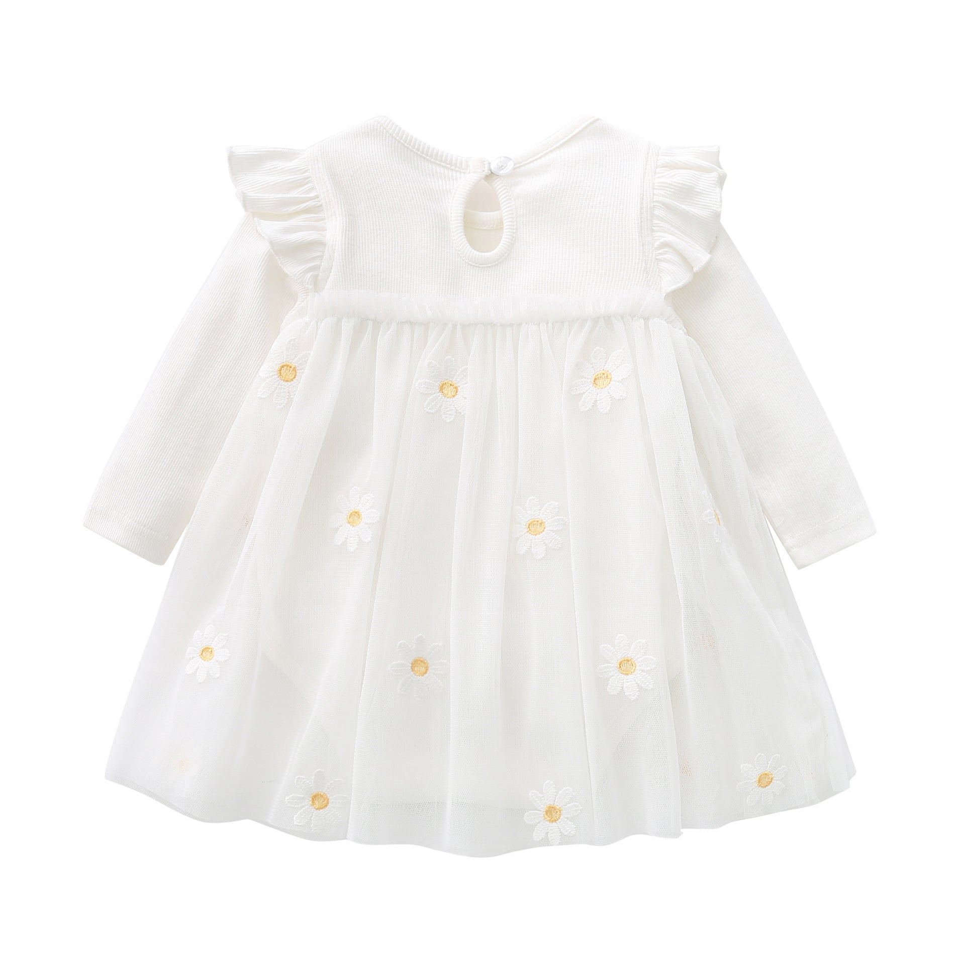 Baby Girls Floral Lace Patchwork Design Ruffle Long-Sleeved Dress Onesies In Spring & Autumn-3