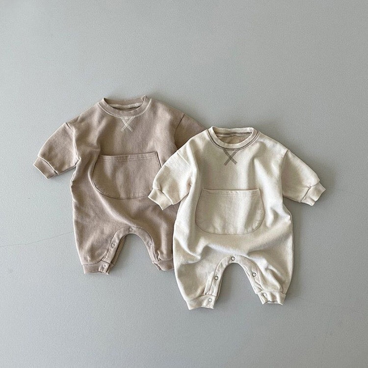 Baby Solid Color Big Pocket Thickened Winter Romper-1