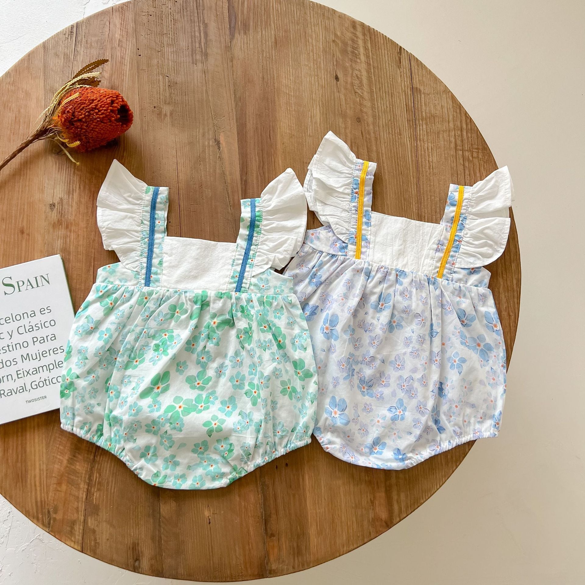 Baby Girls Floral Print Ruffle Design Square-Neck Onesies With Bow Tie-1