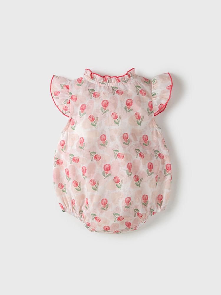 Summer New Design Baby Girls Red Rose Flowers Pattern Fly Sleeves Ruffle Neck Sweet Cute Onesies-2