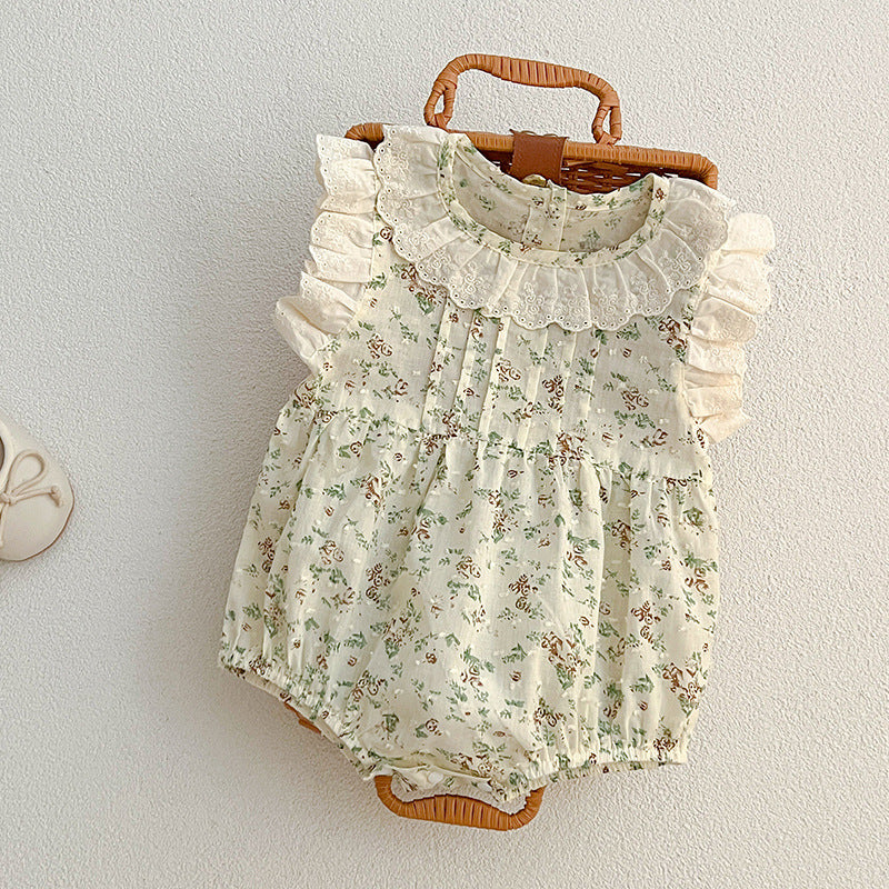 Summer New Arrival Baby Floral Vine Pattern Fly Sleeves Onesies For Girls With Hollow Out Collar-0