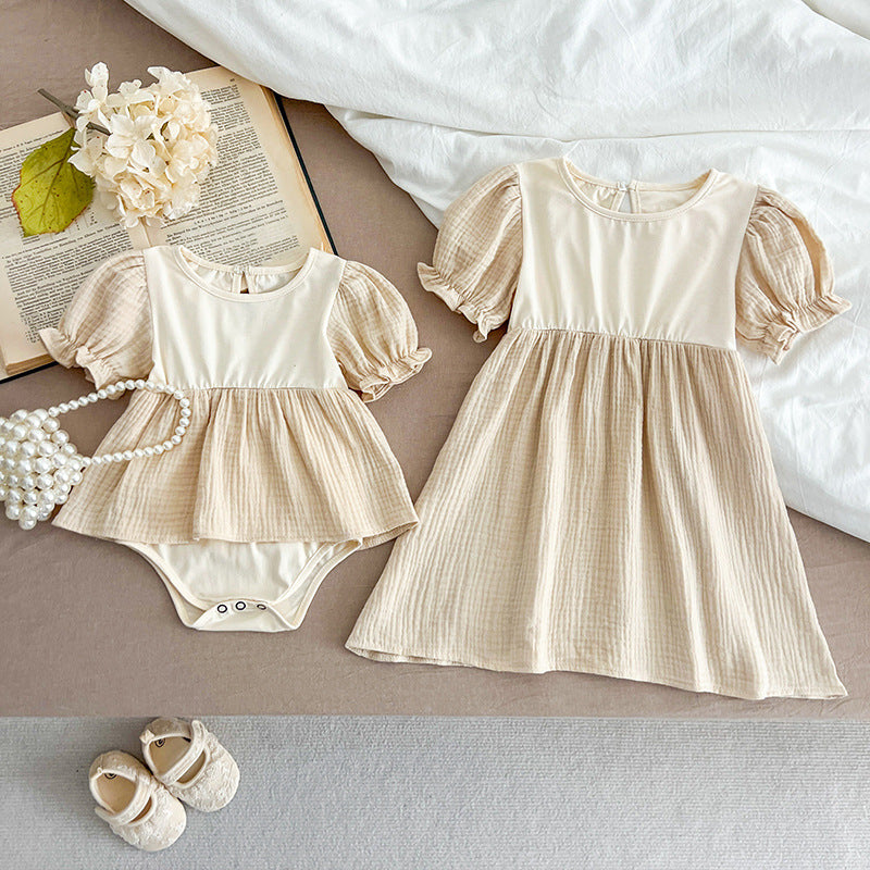 Summer Girls Apricot Patchwork Crew Neck Short Sleeves Onesies And Girls’ Dress – Simple Sister Matching Set-5